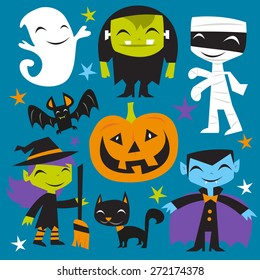 A vector illustration of a bunch of happy jolly halloween monsters and creatures. Included in this set:- ghost, frankenstein, mummy, dracula, pumpkin, bat, witch and black cat.