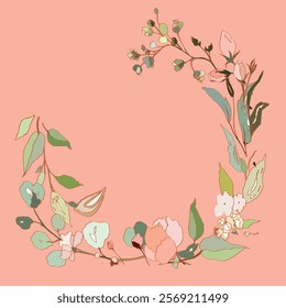 Vector illustration of a bunch of leaves and flowers on a pink background. Template for Valentine's Day.