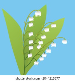 A vector illustration of a bunch of lily of the valley. The background is blue.
