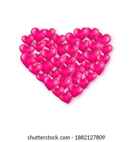 Ilustración vectorial de un conjunto de pequeños corazones rosados brillante 3d aislados en fondo blanco. Elemento romántico para el diseño del Día de San Valentín.