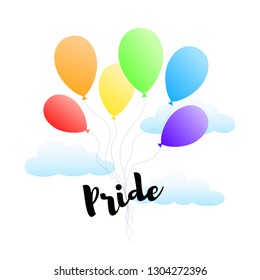 Vector illustration with bunch of rainbow color balloons among the clouds with text Pride isolated on the white background.