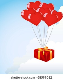 Vector illustration. Bunch Of red Heart Shape Balloons on the clouds sky background
