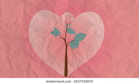 Vector illustration of a bunch of red pink roses on a heart background with a crumpled paper texture.