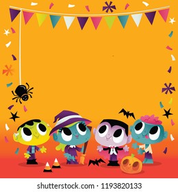 A vector illustration of a bunch of super cute halloween monsters and a witch in party setting. There's a empty space in the middle for copy.