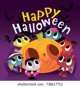 A vector illustration of a bunch of super cute halloween monsters and ghouls with happy halloween text.
