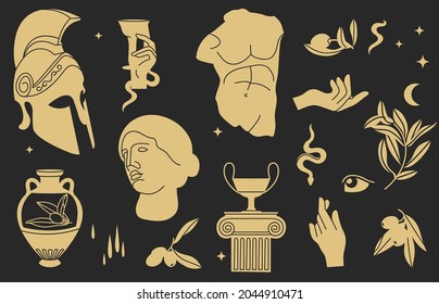 Vector illustration of bundle antique signs and symbols - statues, olive branch, amphora, column, helmet. Ancient greek or roman style elements.