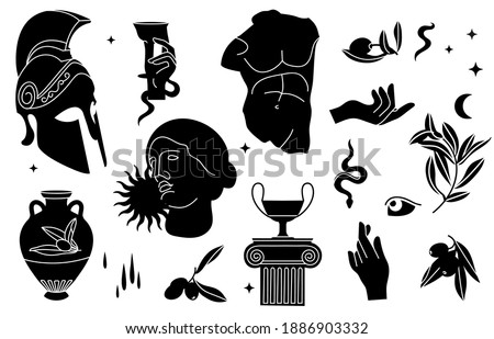 Vector illustration of bundle antique signs and symbols - statues, olive branch, amphora, column, helmet. Ancient greek or roman style elements