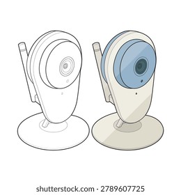 Vector illustration bundle featuring a stylistic comparison of a modern wireless indoor security camera. This isolated angled presentation set includes both a raw uncolored line art outline and a colored filled outline version of a smart home PTZ camera equipped with a Wi-Fi antenna, 360-degree rotating lens base, and desk stand. Designed for editable stroke iconography, this dual technical set is optimized for retail e-commerce showcases, baby monitor infographics, and home surveillance equipment presentations.
