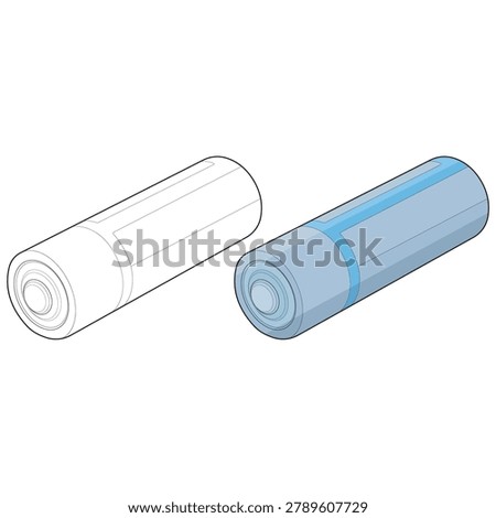 Vector illustration bundle featuring a stylistic comparison of a portable cylindrical energy source. This isolated angled presentation set includes both a raw uncolored line art outline and a colored filled outline version of a horizontal AAA dry cell battery, highlighting the terminal pole and metallic casing. Designed for editable stroke iconography, this dual technical set is optimized for retail e-commerce showcases, electronic hardware energy infographics, and e-waste recycling diagrams.