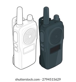 Vector illustration bundle featuring two visual styles of an isolated isometric communication device. This tactical transceiver set includes a monochrome line art wireframe and a colored filled outline version of a black portable walkie-talkie, featuring a top antenna, control knobs, side PTT (push-to-talk) buttons, a blank LCD display, and a speaker grill. Optimized for security patrol infographics, military UHF equipment layouts, and guard inventory diagrams.