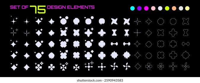 Vector illustration. Bundle of flat design elements for poster, book cover, frame, gift card, magazine. Simple minimalist y2k style shapes. Twisted and melted circles, outline rounded stars