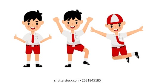 Vector illustration bundle of Indonesian elementary school boys wearing red and white uniforms. Includes multiple poses and expressions, ideal for educational and character design purposes.