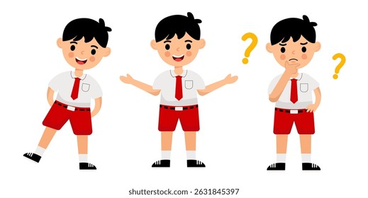 Vector illustration bundle of Indonesian elementary school boys wearing red and white uniforms. Includes multiple poses and expressions, ideal for educational and character design purposes.
