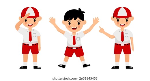Vector illustration bundle of Indonesian elementary school boys wearing red and white uniforms. Includes multiple poses and expressions, ideal for educational and character design purposes.