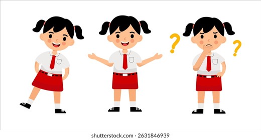 Vector illustration bundle of Indonesian elementary school girls in red and white uniforms. Includes multiple poses and expressions, perfect for educational content, character design, or school themed