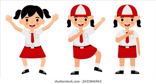 Vector illustration bundle of Indonesian elementary school girls in red and white uniforms. Includes multiple poses and expressions, perfect for educational content, character design, or school themed