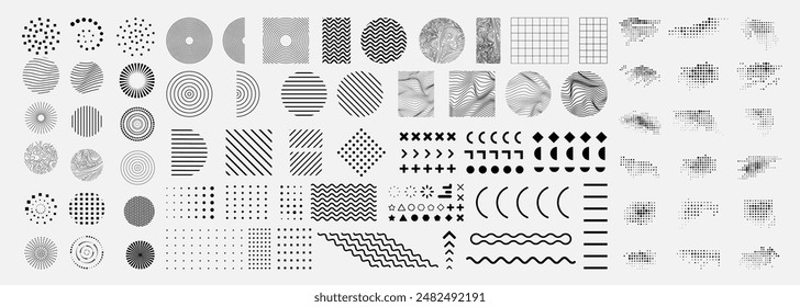 Vector illustration. Bundle of linear flat design elements for poster, book cover, frame, gift card, magazine. Simple minimalist line art wavy objects. Halftone dots, circle shapes, memphis pattern