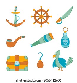 Vector illustration bundle pirate set. Parrot, chest, hook.
