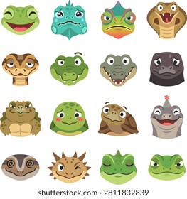 Vector illustration bundle of sixteen adorable reptile and amphibian head stickers with faces. Featuring frog, iguana, chameleon, cobra snake, alligator, crocodile, komodo dragon, turtle, tortoise, and horned lizard showing expressions like happy, sad, angry, surprised, and dizzy.