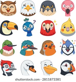Vector illustration bundle of sixteen adorable bird head stickers with diverse emotions. Featuring owl, bald eagle, falcon, flamingo, toucan, peacock, parrot, cockatiel, hummingbird, kingfisher, robin, blue jay, woodpecker, swan, pelican, and puffin characters.