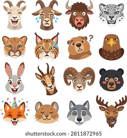 Vector illustration bundle of sixteen cute mountain and alpine animal head stickers. Featuring mountain goat, ibex, yak, snow leopard, cougar, lynx, marmot, eagle, hare, chamois, ram, black bear, red fox, pika, wolf, and moose characters showing various facial expressions.