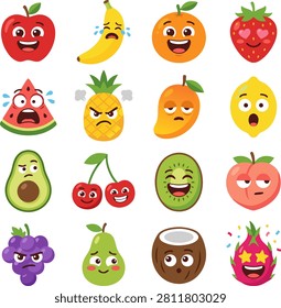 Vector illustration bundle of sixteen healthy organic fruit stickers. Featuring apple, banana, orange, strawberry, watermelon, pineapple, mango, lemon, avocado, cherry, kiwi, peach, grape, pear, coconut, and dragon fruit characters with diverse emotional expressions.