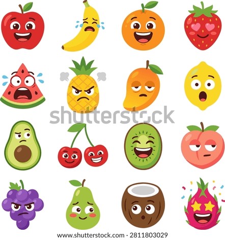 Vector illustration bundle of sixteen healthy organic fruit stickers. Featuring apple, banana, orange, strawberry, watermelon, pineapple, mango, lemon, avocado, cherry, kiwi, peach, grape, pear, coconut, and dragon fruit characters with diverse emotional expressions.