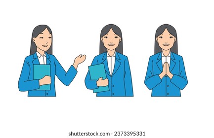 Vector illustration bundle : young female officer with happy expression holding a clipboard