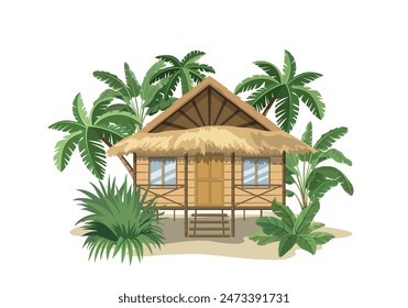 Ilustración vectorial de bungalow en selva. Paisaje de verano, concepto de vacaciones en estilo plano. Aislado sobre un fondo blanco