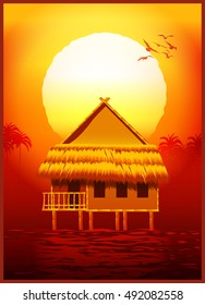 Vector illustration of a bungalow on the water in the last rays of the sun.