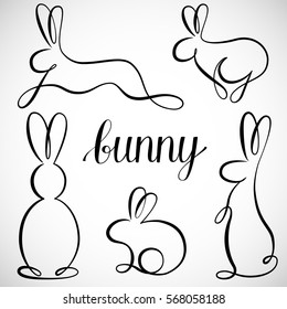 Vector illustration of bunnies in the form of a continuous line. Logo, emblem, sign.