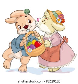 Vector illustration, bunnies sharing Easter eggs, cartoon concept, white background.