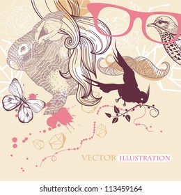 vector  illustration of a bunny and an abstract man with birds and butterflies