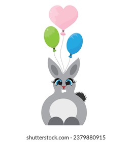 Vector illustration of bunny with balloons on white backgroun. Symbol of birthday and celebration.