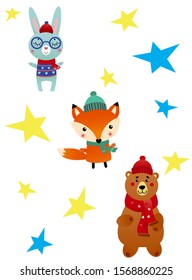 Vector illustration of a bunny, bear and fox  in hat and scarf on the stars background. Winter christmas greeting card. Flat graphic