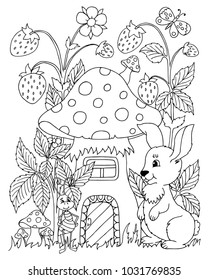 Vector illustration. Bunny came to an ant to visit. Coloring book. Anti Stress for adults and children. Black and white.