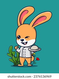 ilustración vectorial de un chef conejito levantando un plato mientras sonríe. concepto de icono de profesión animal