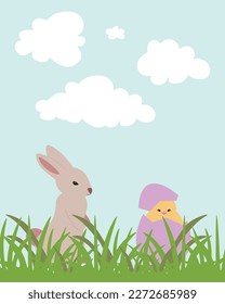 Vector illustration of a bunny and a chicken. Easter art