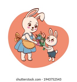 Vector illustration. Bunny child gives a bouquet of flowers to mom bunny. Happy mom's day greeting card.