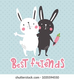 vector illustration, bunny couple, best friends text