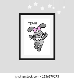 Vector illustration with a bunny. Cute happy rabbit. Design element for posters, nurseries, banners, notebooks, packaging, textiles, T-shirts and other uses.