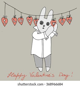 Vector illustration of bunny decorating the house for Valentine`s day. Graphic, shades of pink and grey.