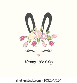 Vector illustration with Bunny ears, smiling eyes, floral wreath. Cute Rabbit as Baby shower & Easter logo, pet shop, badge. Template for Baby Birthday, Easter Day, party invitation, greeting card.