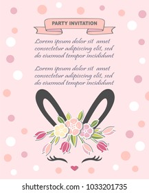 Vector illustration with Bunny ears, smiling eyes, floral wreath. Cute Rabbit as Baby shower & Easter logo, pet shop, badge. Template for Baby Birthday, Easter Day, party invitation, greeting card.