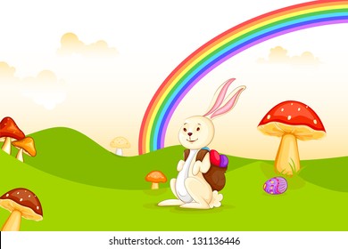 vector illustration of bunny with Easter egg in garden