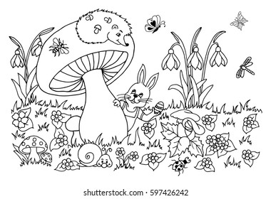 Vector illustration of a bunny with an Easter egg peeps out from under a mushroom. Work done by hand. Book Coloring anti-stress for adults and children. Black and white.