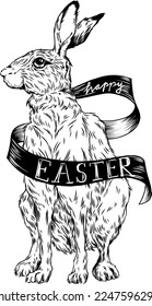 Vector illustration of a bunny at Easter with fluttering intertwined banner and isolated lettering