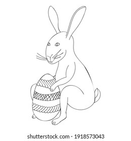 Vektorgrafik eines Hasen mit einem Ei einzeln auf weißem Hintergrund. Entworfen als farbige Buchseite für Erwachsene und Kinder, Drucke, Packungen, Hintergrund.