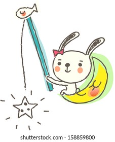 Vector illustration of bunny fishing stars while sitting on the moon