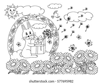 Vector illustration, bunny flies on a cloud with a gift over chamomiles. Work made by hand. Book Coloring anti-stress for adults and children.Black and white.